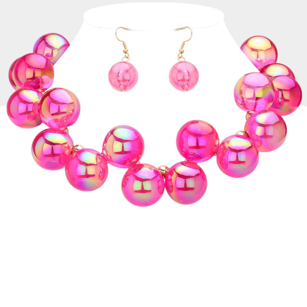 Fuchsia Pink Iridescent Ball Necklace Set Chunky Beaded Fun Statement Jewelry